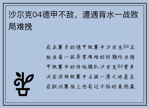 沙尔克04德甲不敌，遭遇背水一战败局难挽